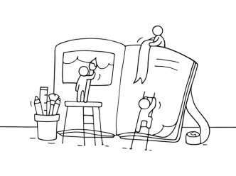 Sketch of working little people with book.